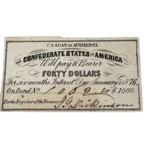 1861 Confederate States $40 Bond Coupon CSA Civil War January 1 1876 Due - B